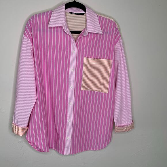 Zara Colorblock Striped Shirt Sz Small Pink Orange White - Picture 5 of 11